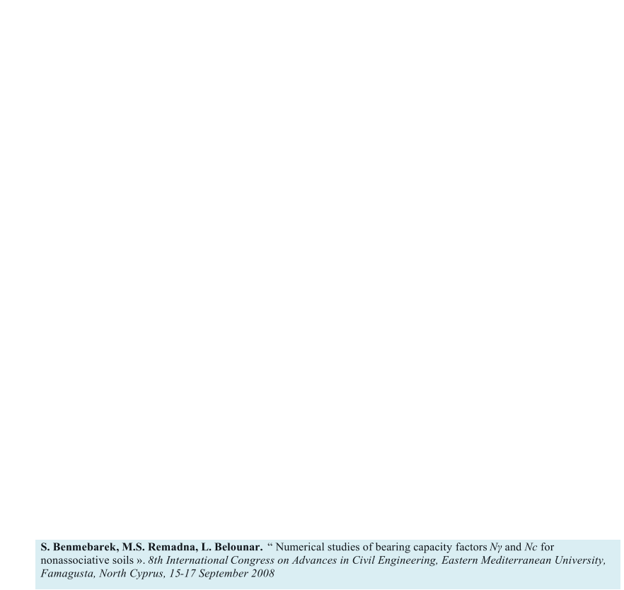 S. Benmebarek, M.S. Remadna, L. Belounar.      Numerical studies of bearing capacity factors   N γ   and   Nc   for  nonassociative soils   .   8th International   Congress on Advances in Civil Engineering, Eastern Mediterranean University,  Famagusta, North Cyprus, 15 - 17 September 2008